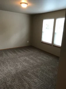 A room with two windows and a carpet floor.