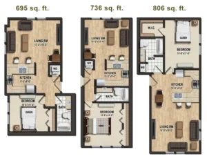 A floor plan of three different types of houses.